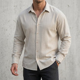 پیراهن باکسی مردانه مدل راه راه پارچه ریزشی کرم
